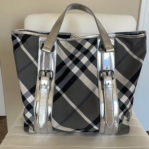 Burberry Silver/Beat Check Nylon and Patent Leather Victoria Tote